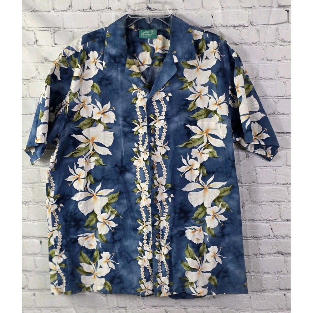 Jade Fashions Men's Large Hawaiian Tan and Blue S/S Button Down Shirt
